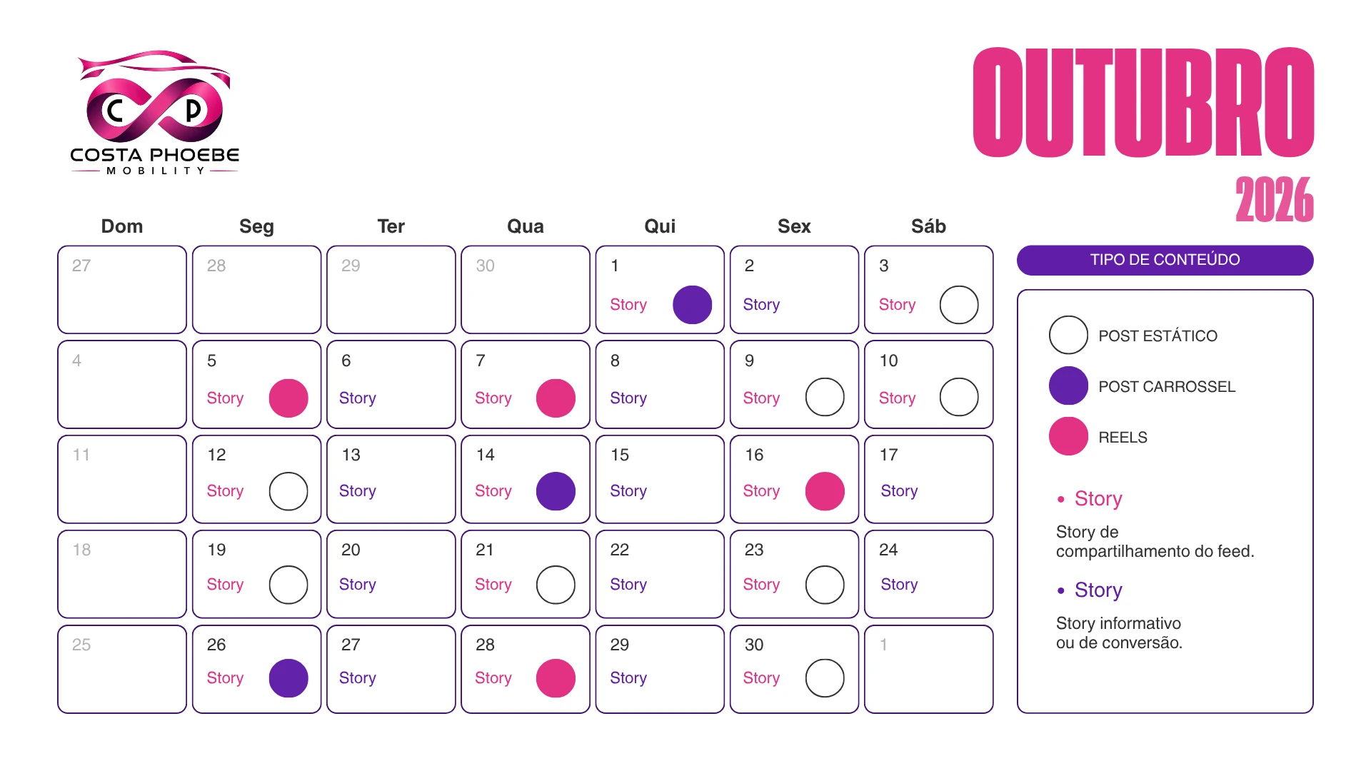 Calendário editorial de outubro de 2026 com posts estáticos, carrosséis, Reels e Stories marcados por dia